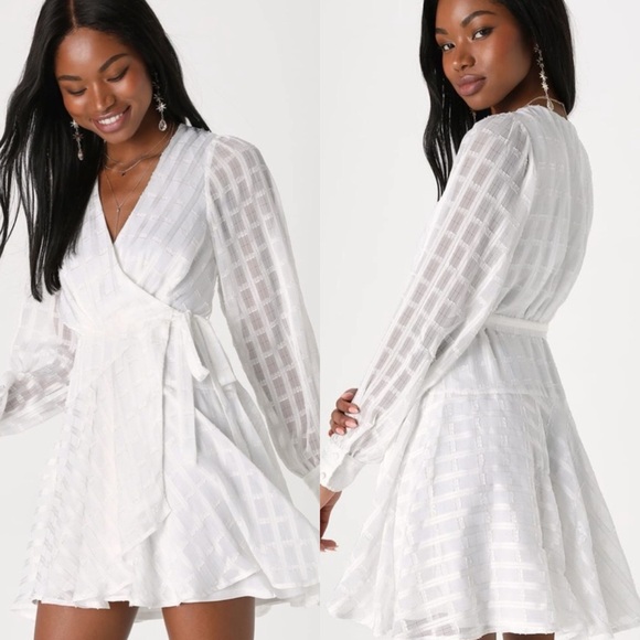 Lulus Dresses & Skirts - Lulus Adorable Impulse White Lurex Burnout Wrap Mini Dress